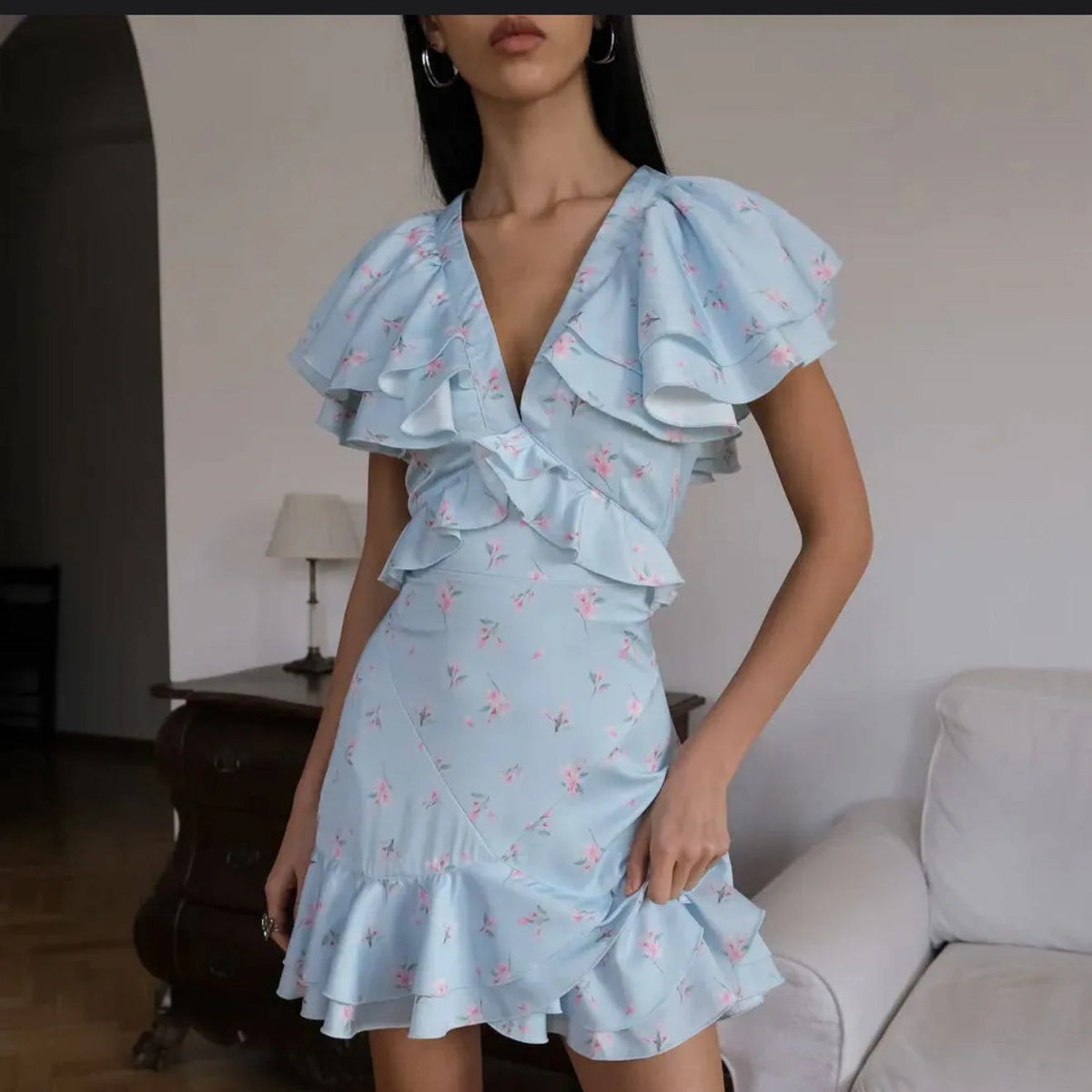 Women's Ruffled Floral Short Skirt – V-Neck Pleated Dress Shorts for Spring & Summer 2026