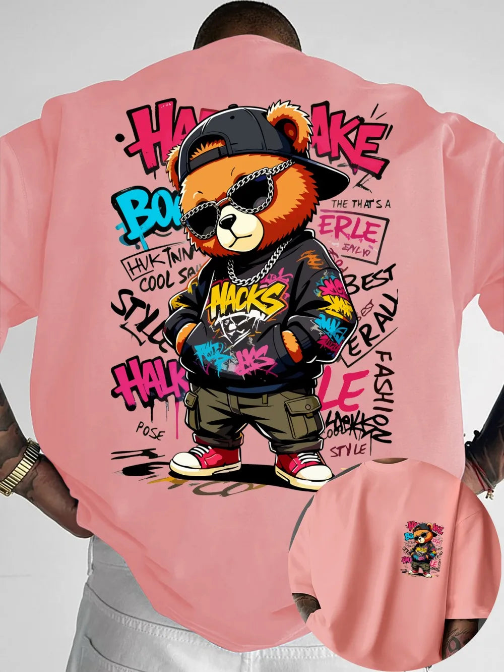 Teddy Bear Graffiti Print T-Shirt — Men's Breathable Round Neck Street Style Top