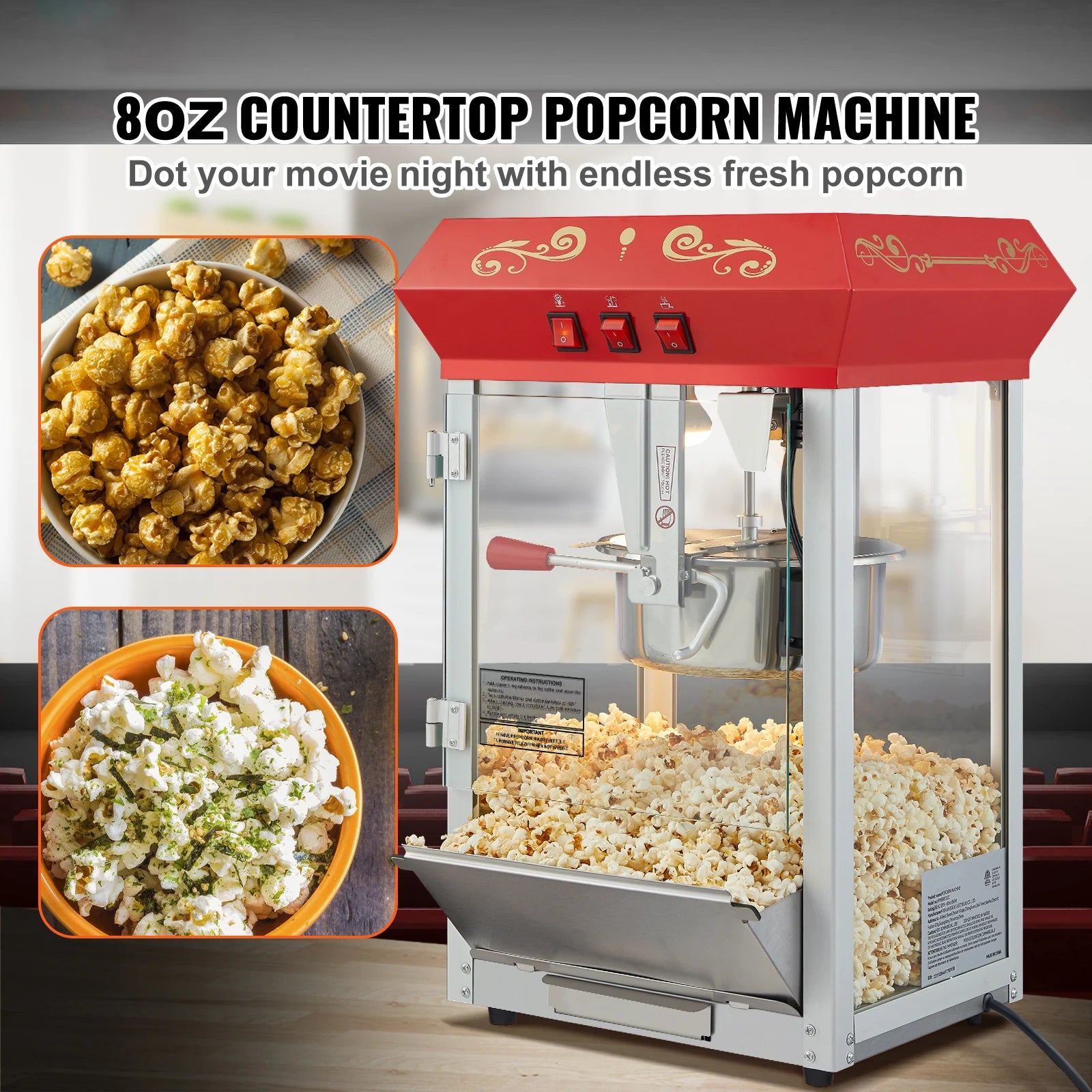 Commercial Electric Popcorn Maker 8/12oz — Automatic Popper, SUS304 Heating Tube (v2)
