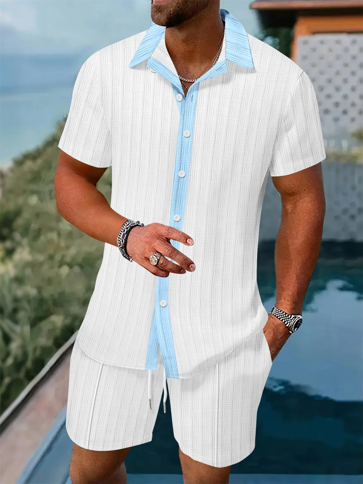 Men's Striped Short Sleeve Shirt & Drawstring Shorts Set – Hawaiian Beachwear