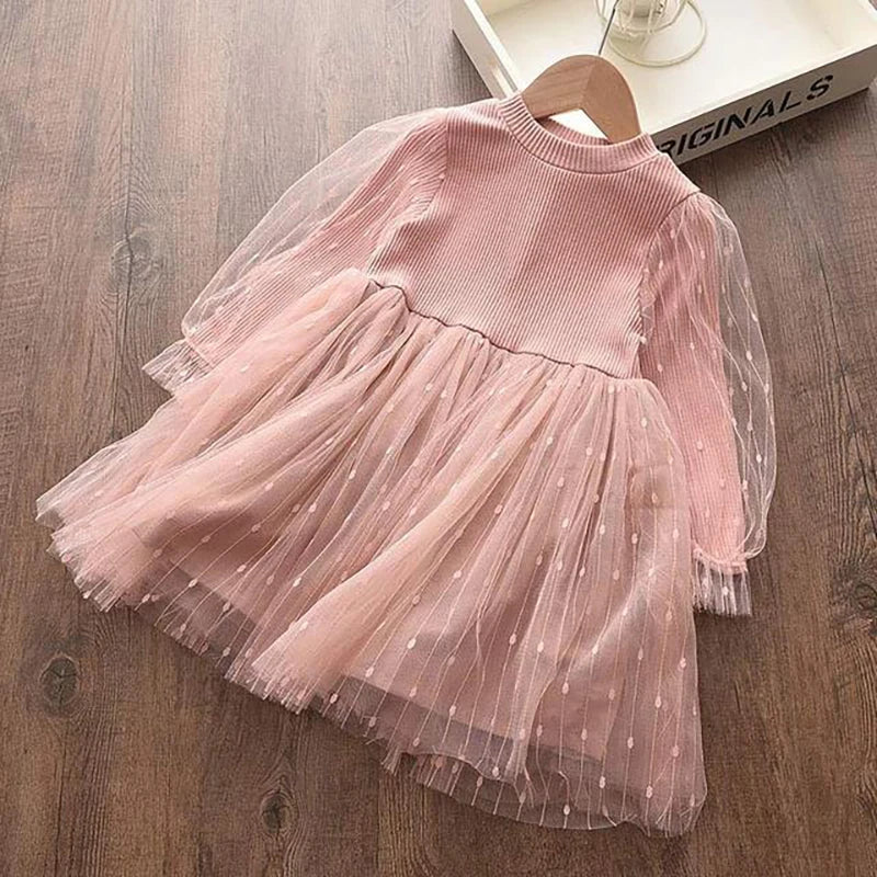 Girls Mesh Cotton Long Puff Sleeve Princess Dress — Cute Costume Dress for Kids