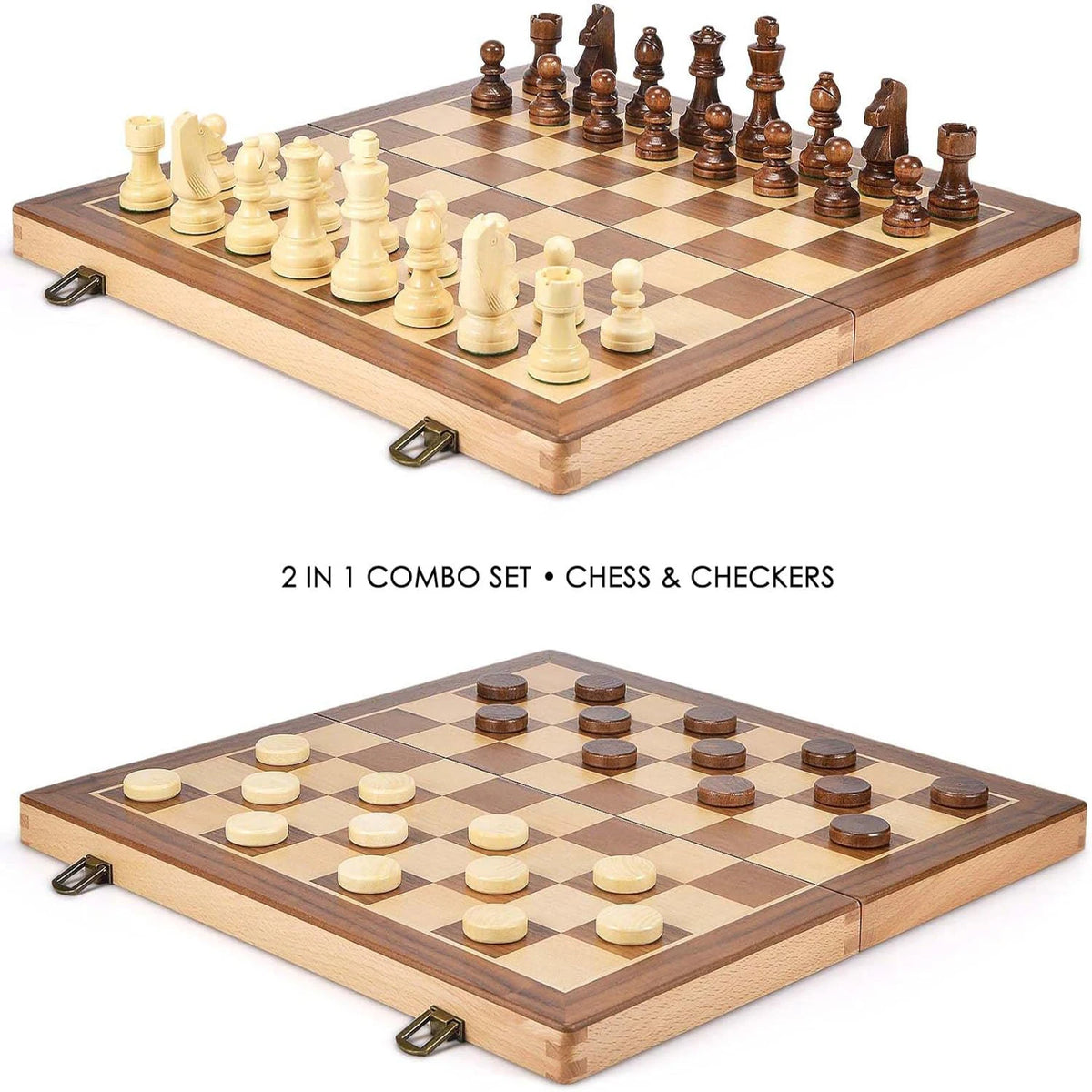 15-Inch Wooden Chess & Checkers Set – 2-in-1 Classic Board Game, Weighted Pieces, 2 Extra Queens & 24 Checkers