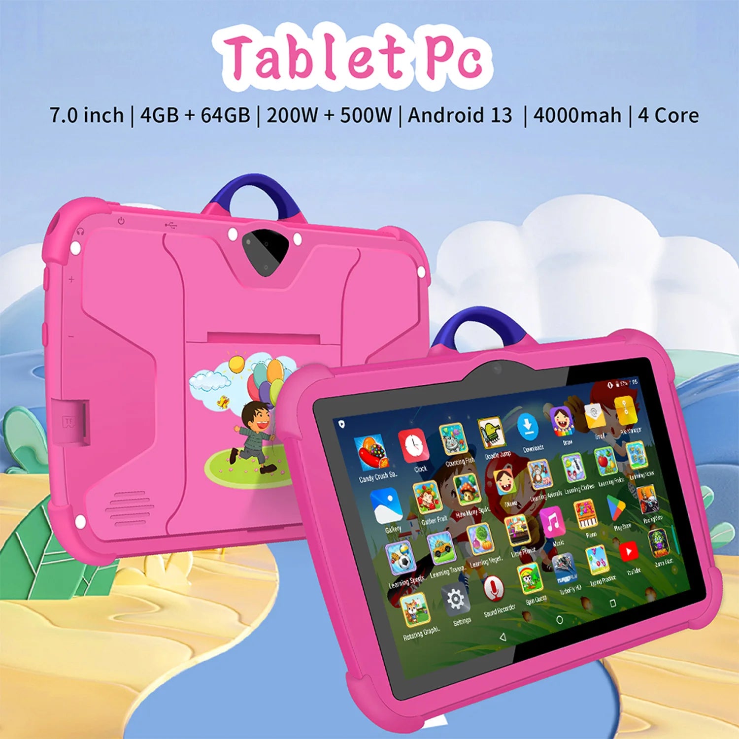 BDF 7" Kids Study Tablet – 4GB RAM, 64GB, Android 13, 5G Wi-Fi, Dual Camera