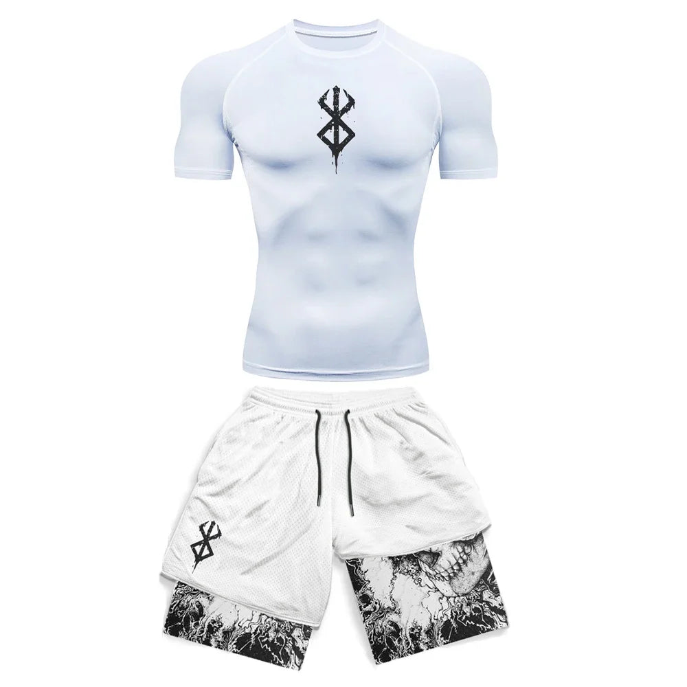 Men's Anime 3D Print Compression Gym Top & Workout Shorts – Quick Dry Athletic Rash Guard Set