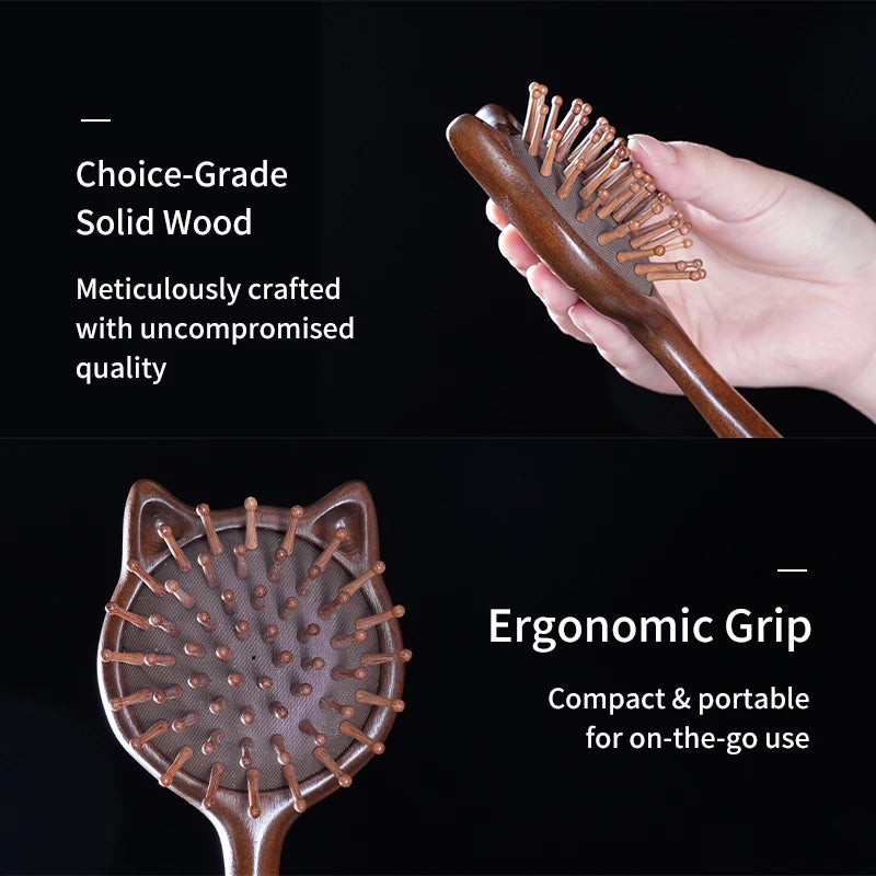 Cartoon Cat Wooden Scalp Massage Comb — Gua Sha Hair & Scalp Stimulator