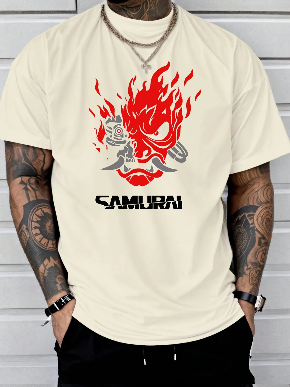 Samurai Print 100% Cotton T-Shirt — Hip-Hop Streetwear Short Sleeve Tee