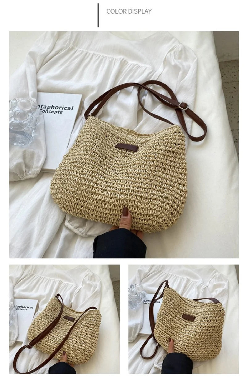 Woven Straw Crossbody Bag – Boho Beach Shoulder Bag for Women