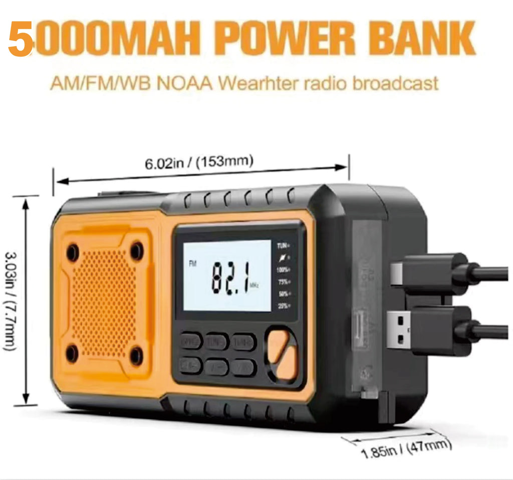 Emergency Hand Crank Solar Radio – 5000mAh AM/FM/NOAA Weather Alert, 4-Way Powered Digital Display