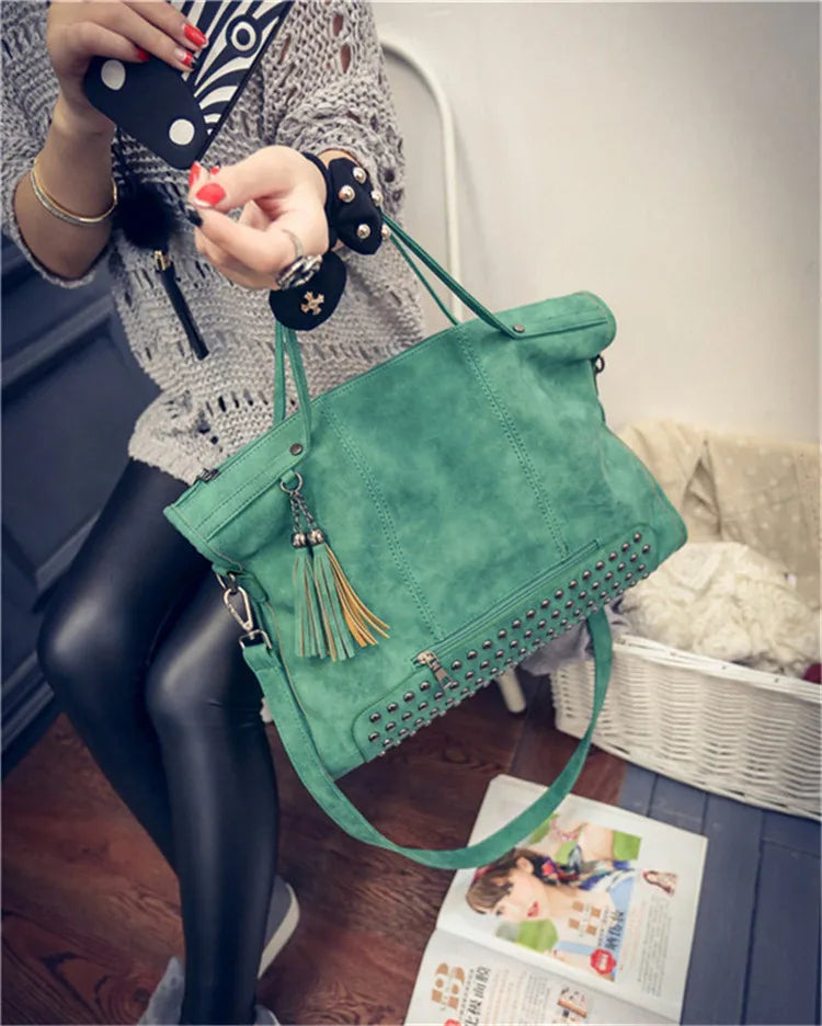 Luxury Matte Faux Suede Large Tote Bag – Vintage Rivet Tassel Handbag for Women