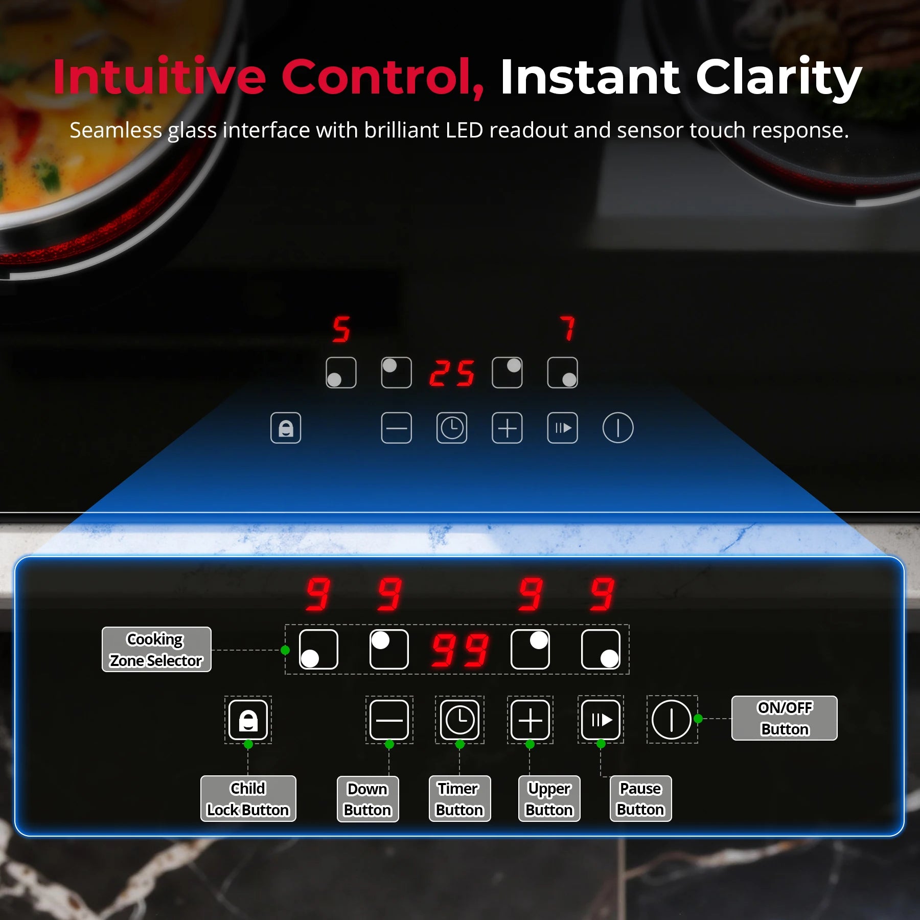 6000W 4-Zone Ceramic Induction Hob – 60cm Black Glass, Touch Control, 9 Power Levels, Timer & Child Lock