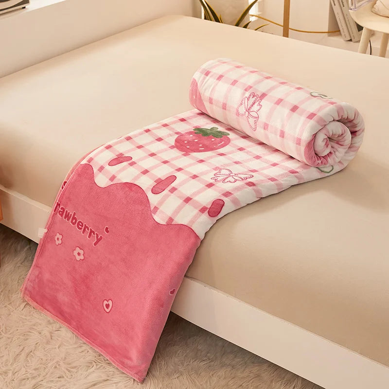 Strawberry Flannel Blanket – Soft Fuzzy Fleece Plush Throw for Girls, Bed, Sofa & Nap