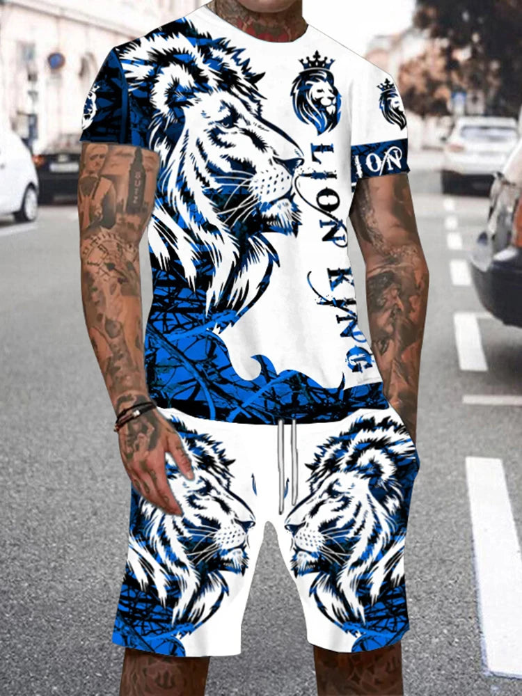 Men's Lion King 3D Print T-Shirt & Drawstring Shorts Set – Casual Outdoor Camping 2-Piece