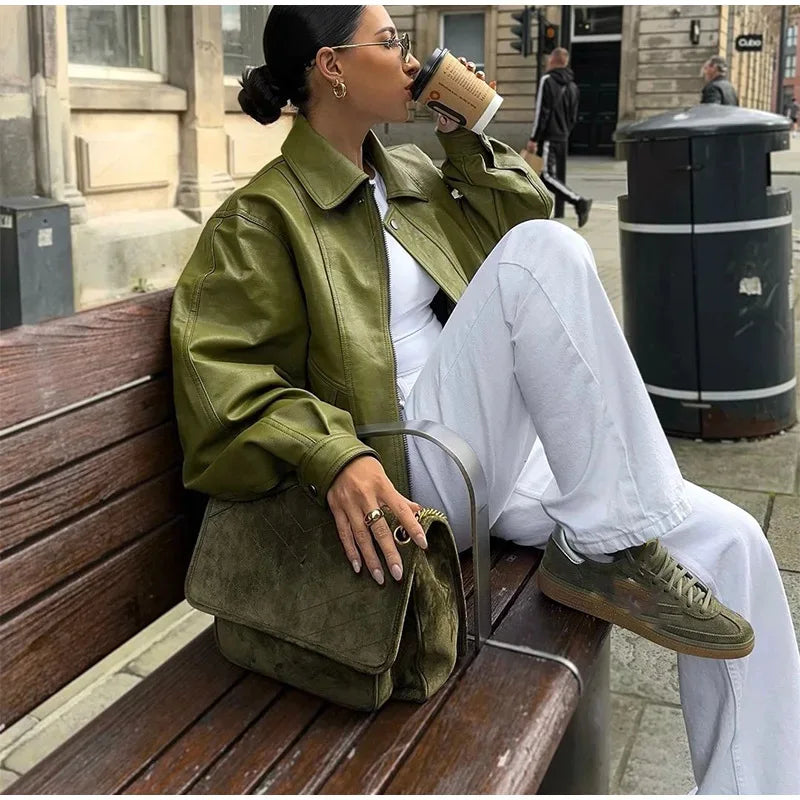Women's Green Faux Leather Jacket – Loose Fit Lapel