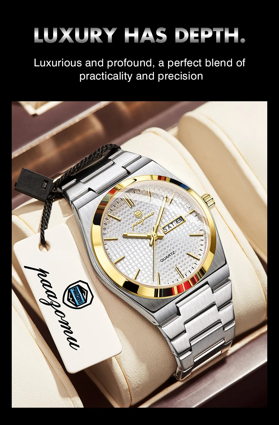 PAAZOMU Men's Luxury Waterproof Quartz Watch | Luminous Date Week Stainless Steel Sport Wristwatch