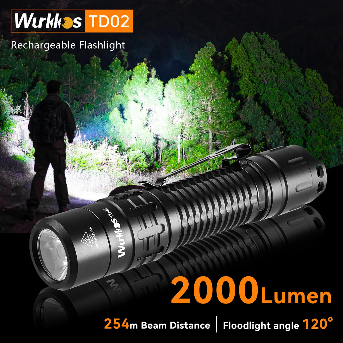 Wurkkos TD02 Tactical Flashlight – 2000 Lumens 18650 Rechargeable Battery