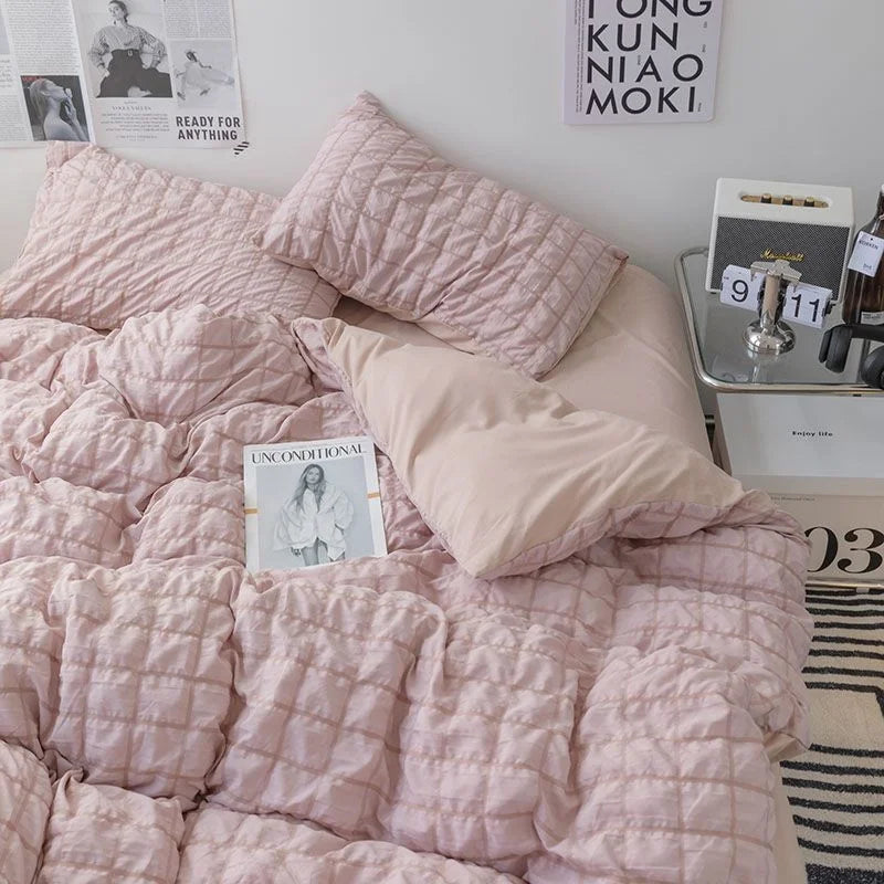 Girls Blue Seersucker Ruffle Bedding Set – Kawaii Soft Duvet Cover with Pillow Cases