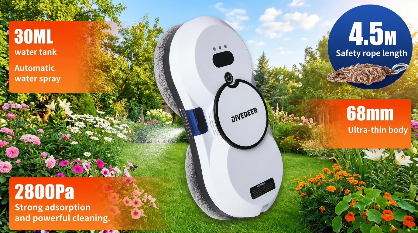 DIVEDEER Window Cleaning Robot – 5600PA Suction, Electric Spray & Fall Prevention Remote Cleaner