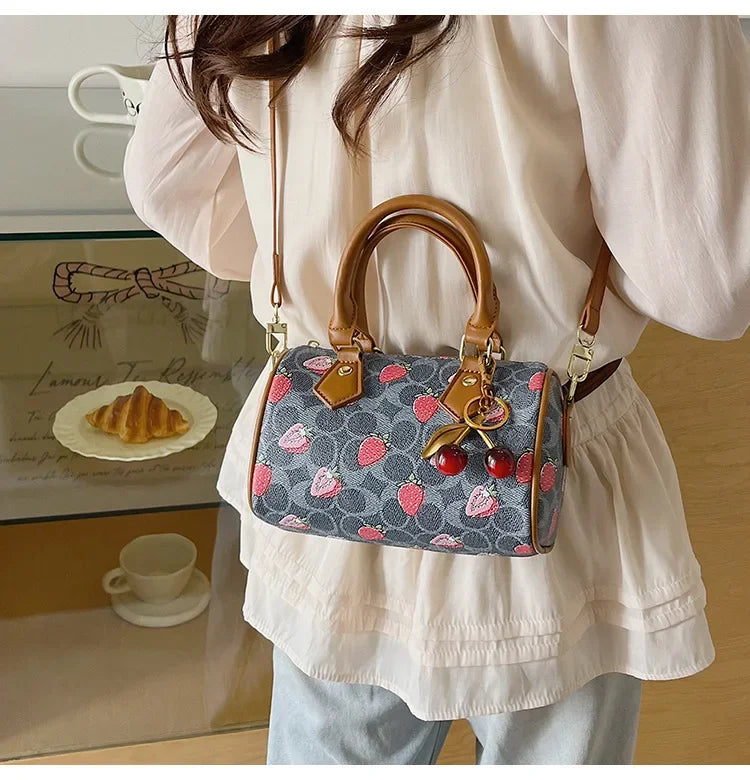 Cherry Print PU Leather Boston Crossbody Shoulder Bag – Luxury Designer Handbag for Women