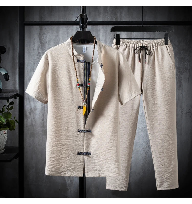 Men's 100% Cotton Linen Short Sleeve Shirt & Drawstring Pants Set