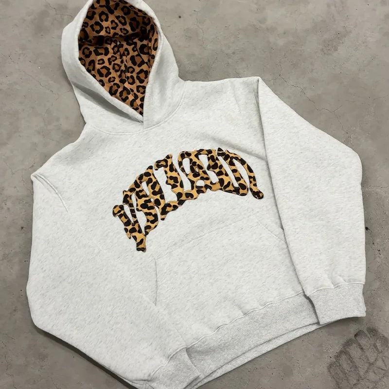 Y2K Leopard Embroidered Hoodie & Sweatpants Set – Trendy Casual Sport Unisex