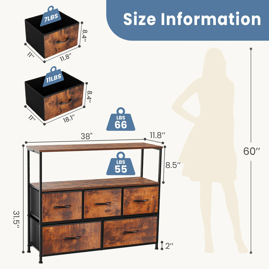 Fireplace TV Stand Dresser with 5 Fabric Drawers — Bedroom Storage Cabinet for 45" TVs