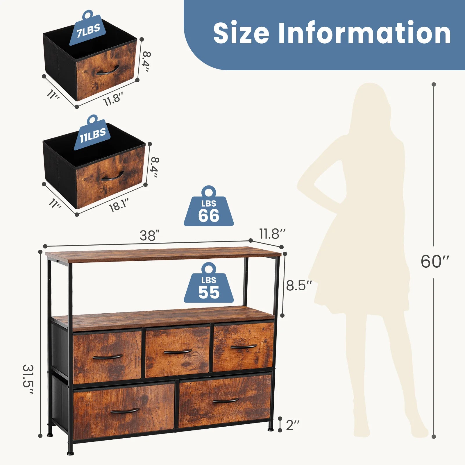 Fireplace TV Stand Dresser with 5 Fabric Drawers — Bedroom Storage Cabinet for 45" TVs