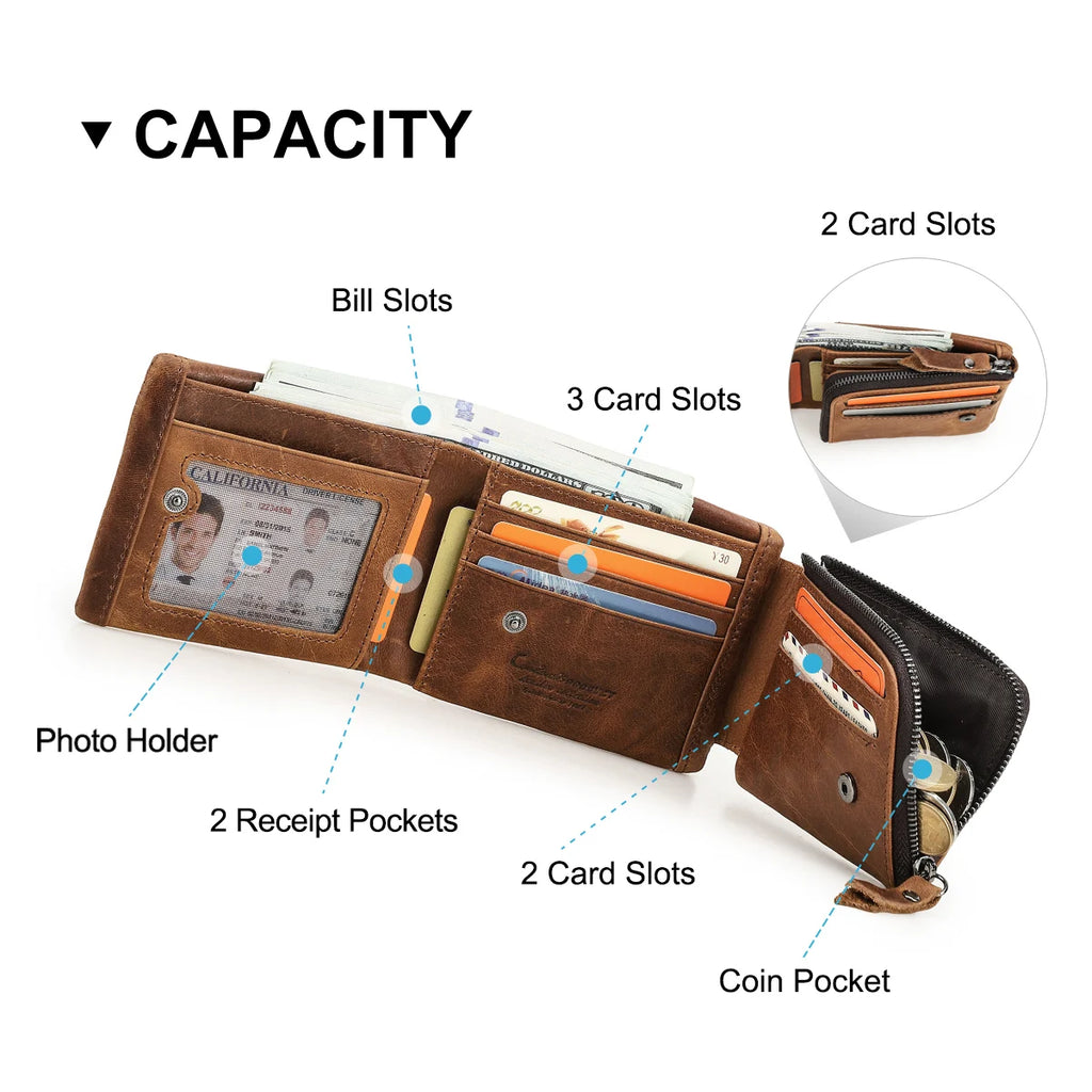 Genuine Cowhide Leather Men's Trifold Wallet – Vintage Crazy Horse Leather Zip Coin Pocket Purse
