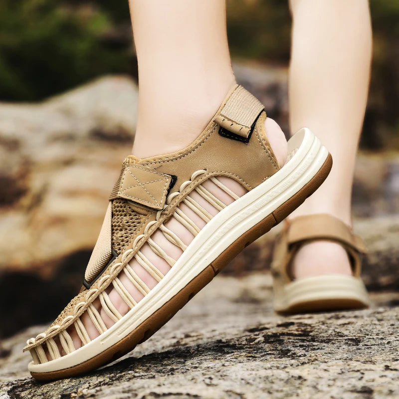 Men's Handmade Woven Beach Sandals – Breathable Casual Flat Sandals
