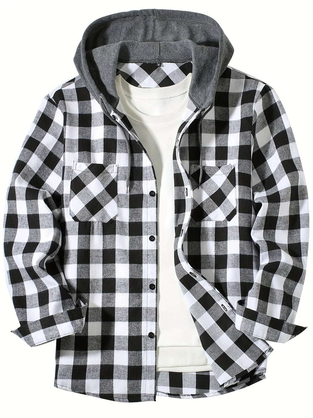 Men's Plaid Hooded Long Sleeve Shirt — Casual Flannel-Style Shirt Jacket
