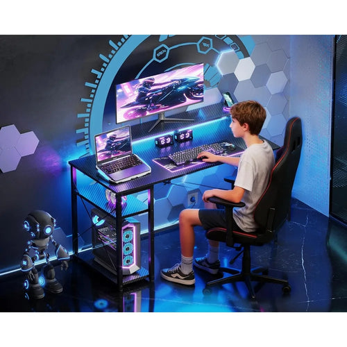 40 Inch Small Gaming Desk with LED Lights & Storage Shelf — Reversible Gamer Desk with Monitor Stand