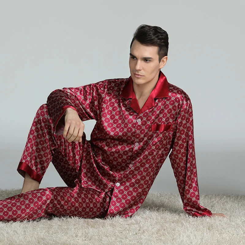 Men's Ice Silk Satin Pajama Set — Long Sleeve Top & Pants Sleepwear