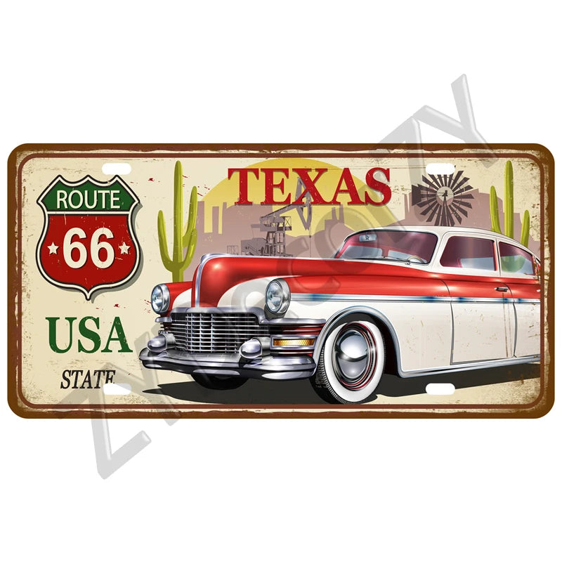 Route 66 Vintage Car Garage Tin Sign — Retro Wall Art Decor