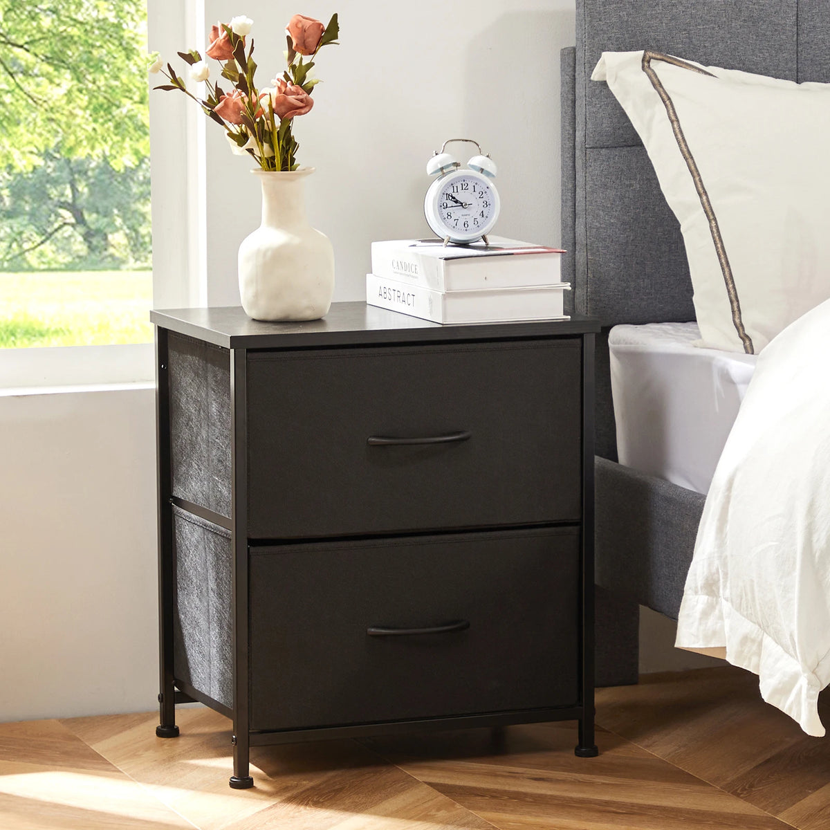 JHK Nightstand & Bedside Table – 2 Fabric Drawers, Storage Cabinet for Bedroom, Coffee & Sofa Side Table