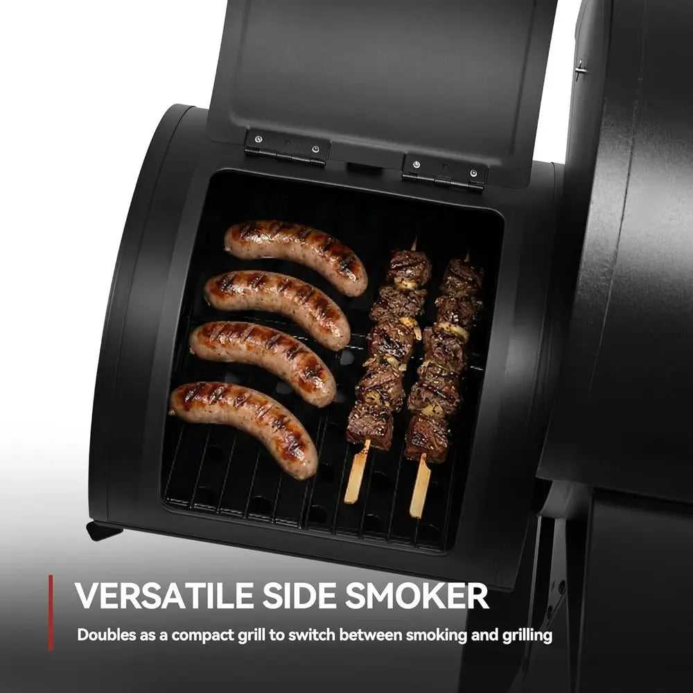 Large 824 Sq. In. Charcoal Grill with Offset Smoker | Tool Hooks, Bottom Shelf, Adjustable Charcoal Pan, Molded Wheels