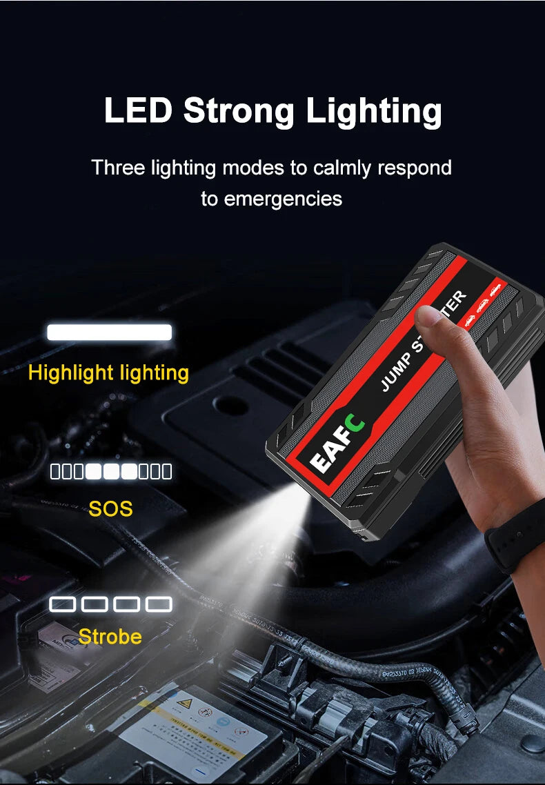 EAFC Portable Car Jump Starter — 600A–2000A Peak, 12V Battery Booster & Power Bank with LED Light