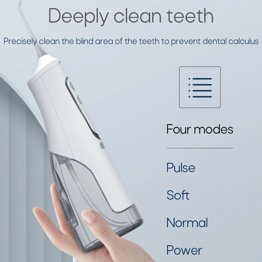 Portable Oral Irrigator – USB Rechargeable, 310ml Tank, 4 Pressure Modes, IPX7, 4 Nozzles