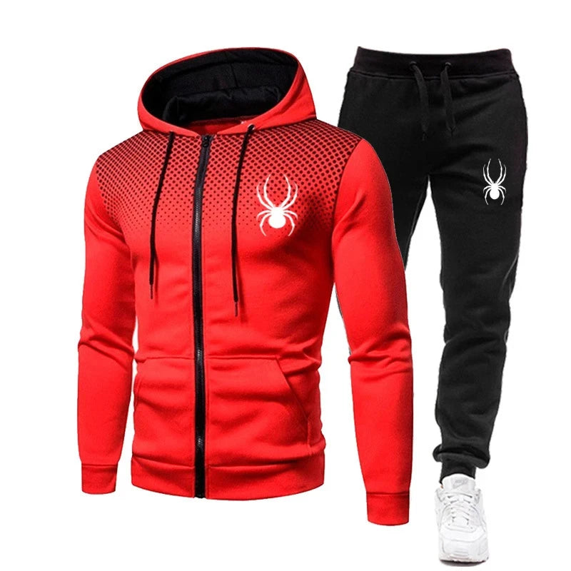 Men's Spider Print Zip-Up Hoodie & Stretch Jogger Pants Fitness Suit