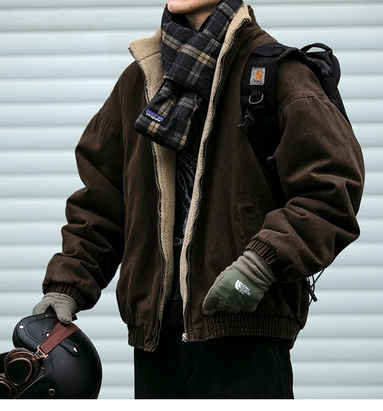 Men's Vintage Polar Fleece Jacket — Korean Streetwear Loose Warm Coat