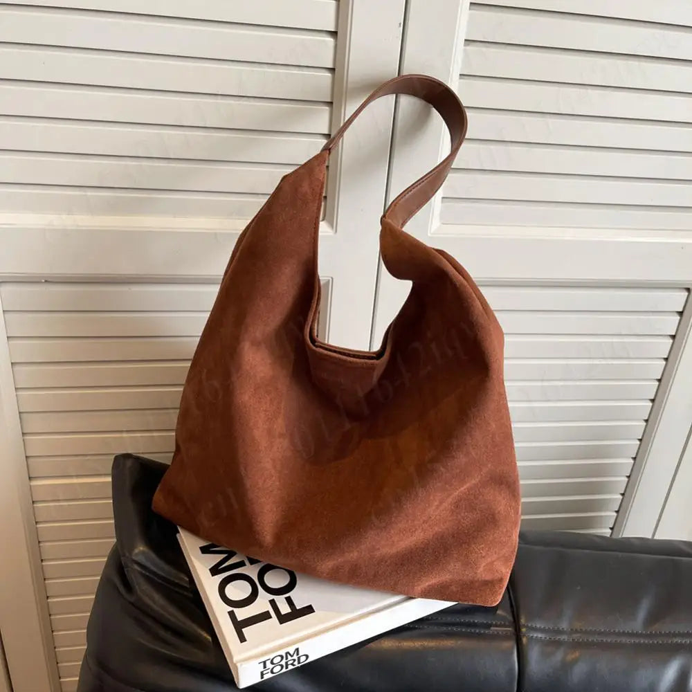 Vintage Suede Large Capacity Shoulder Tote Bag – Stylish Commuter Hobo Handbag for Women