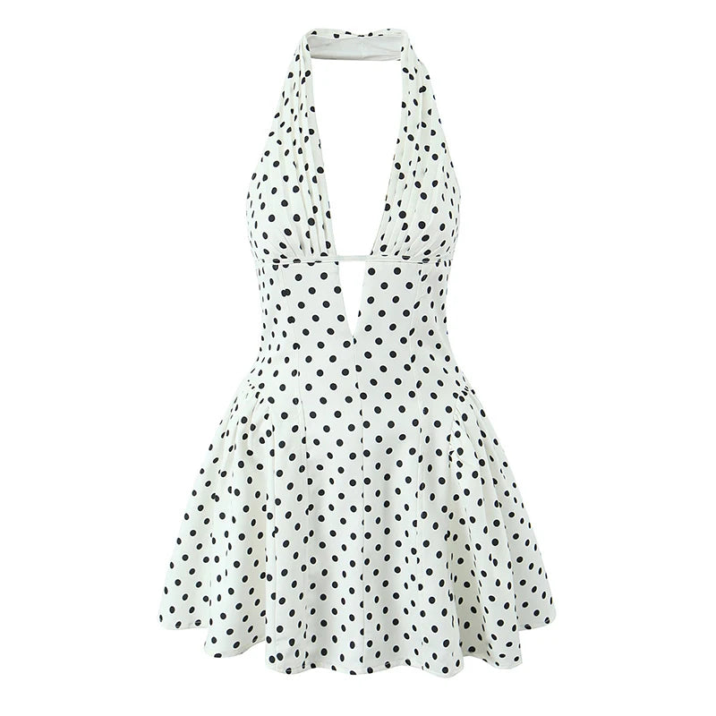 Retro Polka Dot Deep V Halter Mini Dress — Backless A-Line Slim Summer Dress