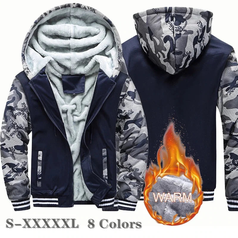 Men's Camouflage Fleece Hooded Zip Jacket – Thick Streetwear Coat for Autumn & Winter
