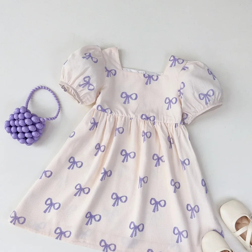 Bow Print Girls Casual Dress — Short Sleeve Sweet Summer Dress (3–7 Years)
