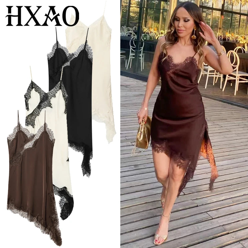 HXAO Lace Asymmetric Slip Mini Dress – Sexy Sleeveless Backless Evening Dress