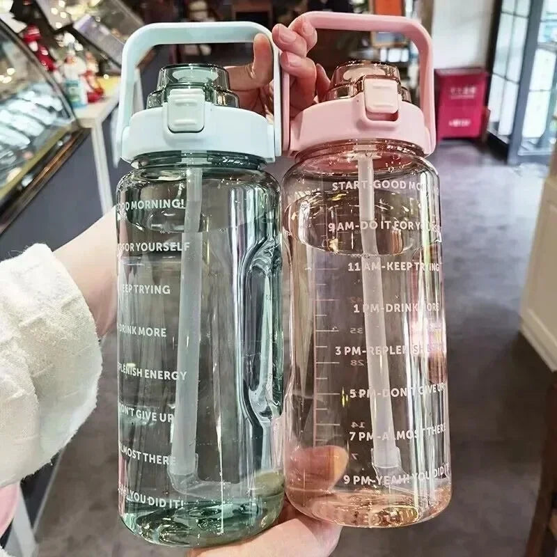 2L Large Capacity Motivational Water Bottle with Straw & Time Marker – BPA-Free Portable Fitness Bottle