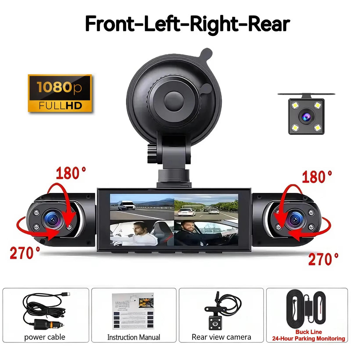 360° 4-Camera Car Dash Cam DVR System – Front, Rear, Interior & Side, Night Vision, Loop Recording