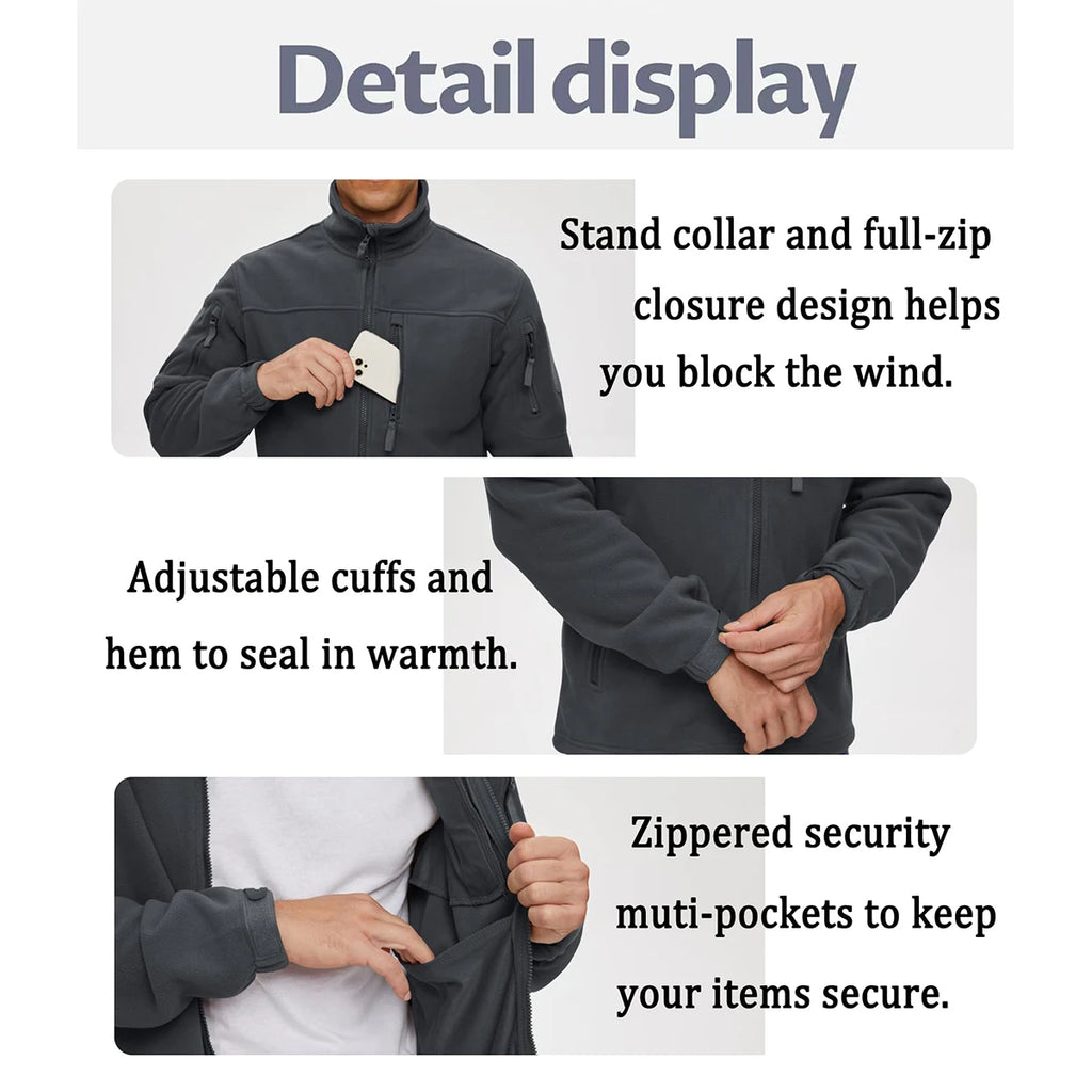 Men's Full Zip Fleece Hiking Windbreaker — Multi-Pocket Outdoor Work Jacket