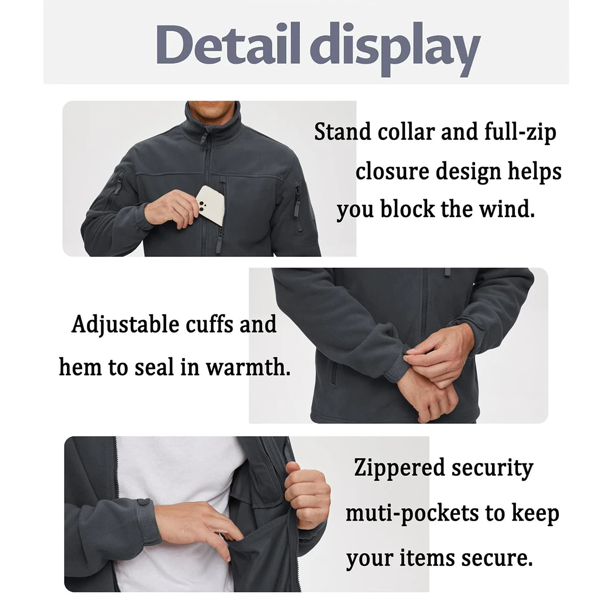 Men's Full Zip Fleece Hiking Windbreaker — Multi-Pocket Outdoor Work Jacket