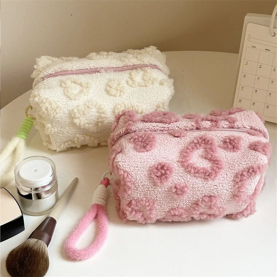 Plush Makeup Bag with Handle – Soft Love Print Travel Cosmetic Organizer & Pencil Case Clutch