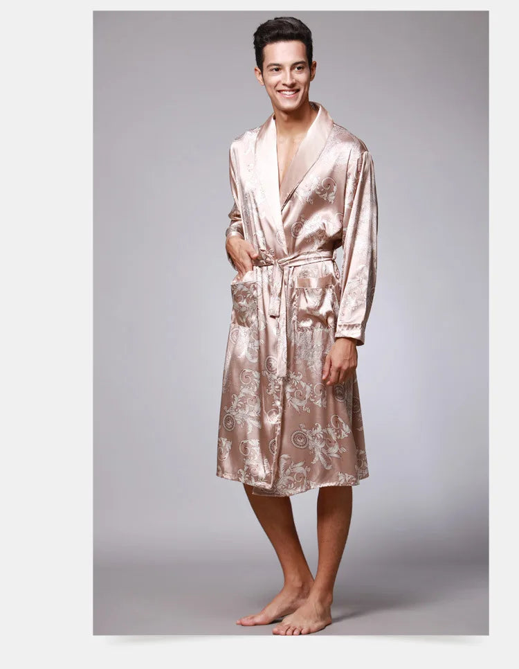 Men's Dragon Print Kimono Bathrobe — Plus Size Satin Robe