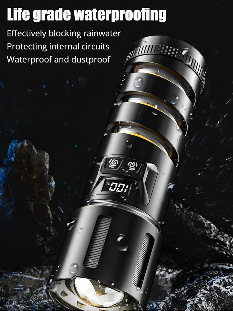 XHP360 Military-Grade 2-in-1 Super High Power Flashlight – 36-Core Zoomable Waterproof Rechargeable Torch with Safety Hammer